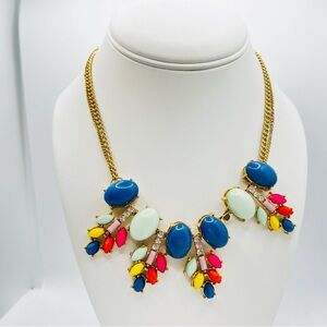 Fan Fringe Bib Necklace Gold tone chain necklace colorful cabochons rhinestones